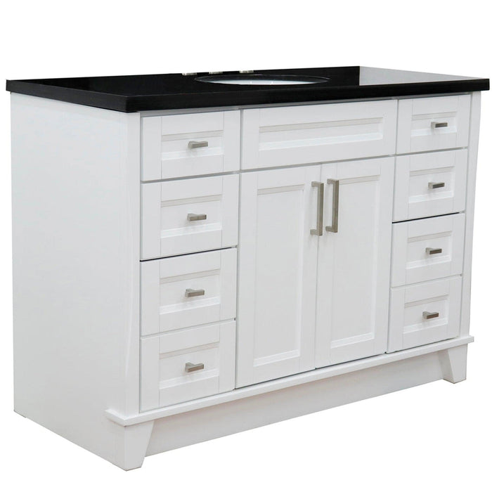 Bellaterra Home Terni 49" 2-Door 6-Drawer White Freestanding Vanity Set With Ceramic Undermount Oval Sink and Black Galaxy Granite Top - Luxe Vanity & Tub