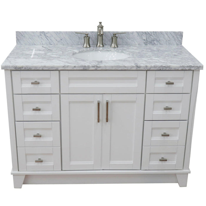 Bellaterra Home Terni 49" 2-Door 6-Drawer White Freestanding Vanity Set With Ceramic Undermount Oval Sink and White Carrara Marble Top - Luxe Vanity & Tub