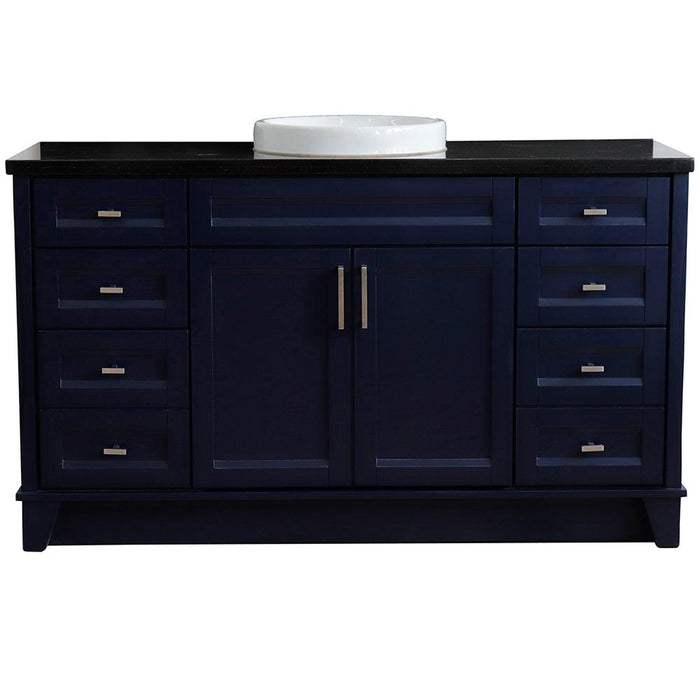 Bellaterra Home Terni 61" 2-Door 6-Drawer Blue Freestanding Vanity Set With Ceramic Vessel Sink And Black Galaxy Granite Top - Luxe Vanity & Tub