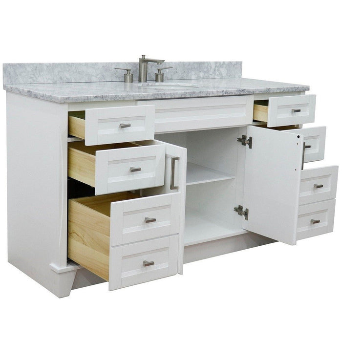 Bellaterra Home Terni 61" 2-Door 6-Drawer White Freestanding Vanity Set With Ceramic Undermount Oval Sink And White Carrara Marble Top - Luxe Vanity & Tub