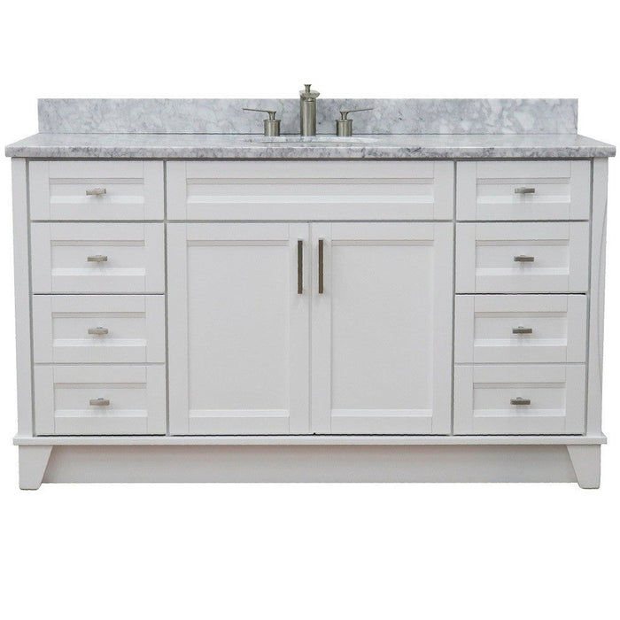 Bellaterra Home Terni 61" 2-Door 6-Drawer White Freestanding Vanity Set With Ceramic Undermount Oval Sink And White Carrara Marble Top - Luxe Vanity & Tub