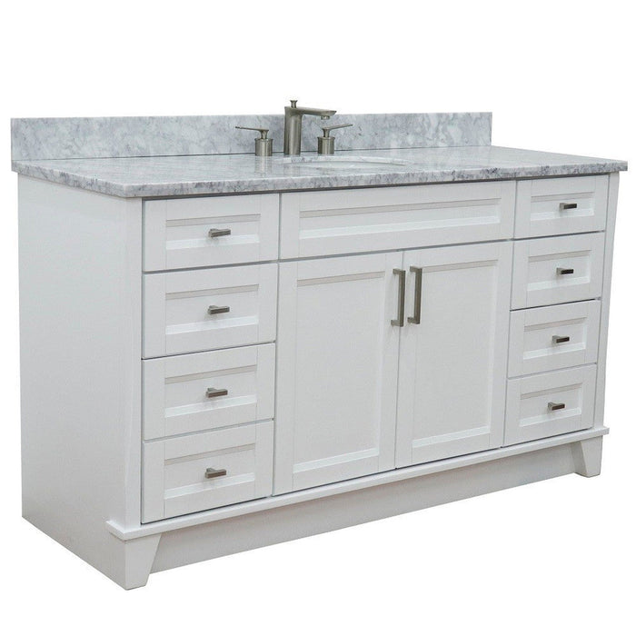 Bellaterra Home Terni 61" 2-Door 6-Drawer White Freestanding Vanity Set With Ceramic Undermount Oval Sink And White Carrara Marble Top - Luxe Vanity & Tub