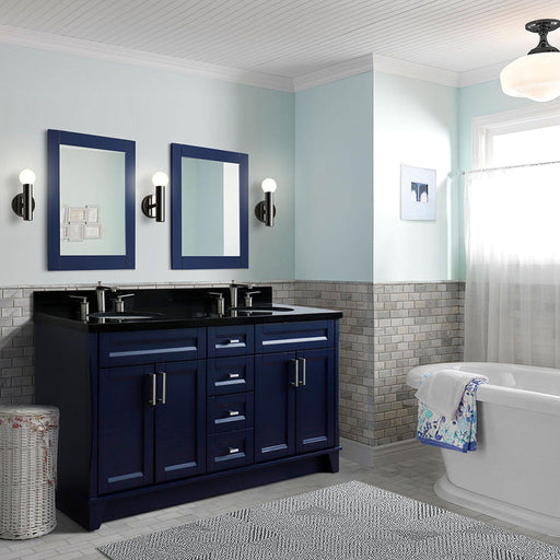 Bellaterra Home Terni 61" 4-Door 3-Drawer Blue Freestanding Vanity Set With Ceramic Double Undermount Oval Sink And Black Galaxy Granite Top