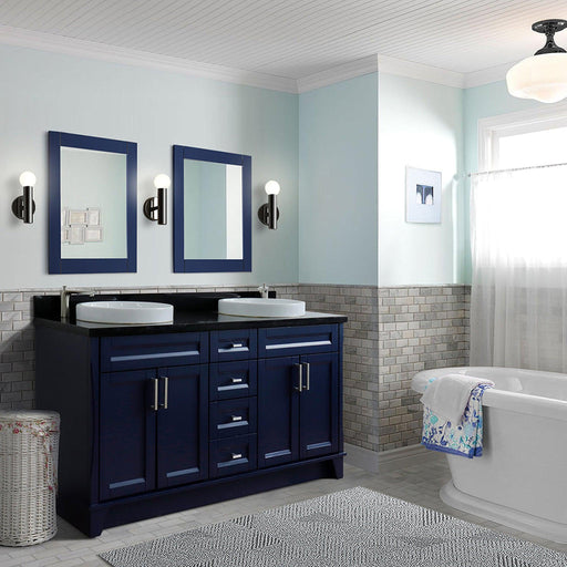 Bellaterra Home Terni 61" 4-Door 3-Drawer Blue Freestanding Vanity Set With Ceramic Double Vessel Sink And Black Galaxy Granite Top