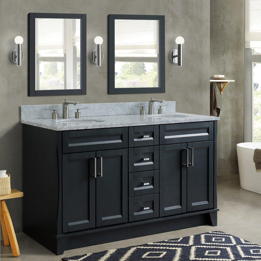 Bellaterra Home Terni 61" 4-Door 3-Drawer Dark Gray Freestanding Vanity Set With Ceramic Double Undermount Oval Sink And White Carrara Marble Top