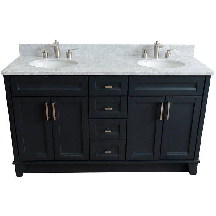 Bellaterra Home Terni 61" 4-Door 3-Drawer Dark Gray Freestanding Vanity Set With Ceramic Double Undermount Oval Sink And White Carrara Marble Top - Luxe Vanity & Tub