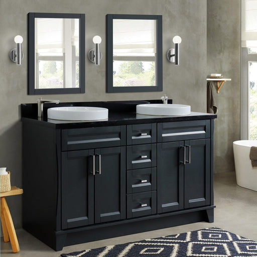 Bellaterra Home Terni 61" 4-Door 3-Drawer Dark Gray Freestanding Vanity Set With Ceramic Double Vessel Sink And Black Galaxy Granite Top