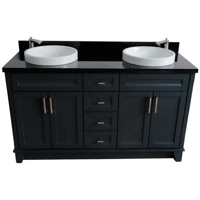 Bellaterra Home Terni 61" 4-Door 3-Drawer Dark Gray Freestanding Vanity Set With Ceramic Double Vessel Sink And Black Galaxy Granite Top - Luxe Vanity & Tub