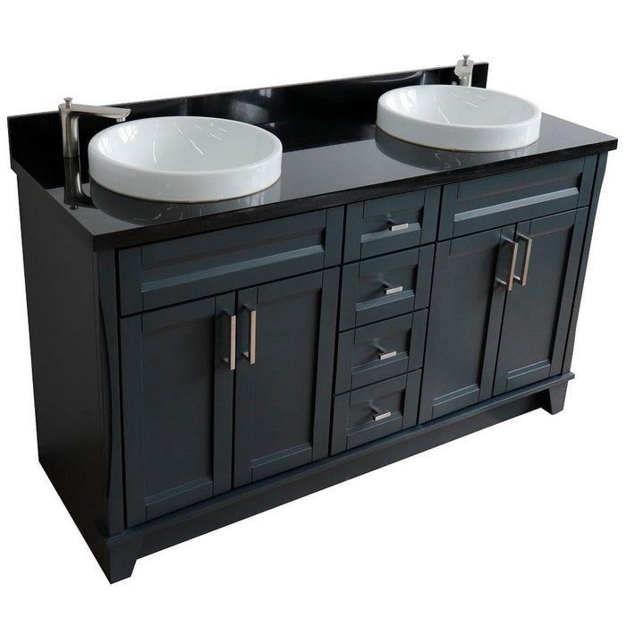 Bellaterra Home Terni 61" 4-Door 3-Drawer Dark Gray Freestanding Vanity Set With Ceramic Double Vessel Sink And Black Galaxy Granite Top - Luxe Vanity & Tub