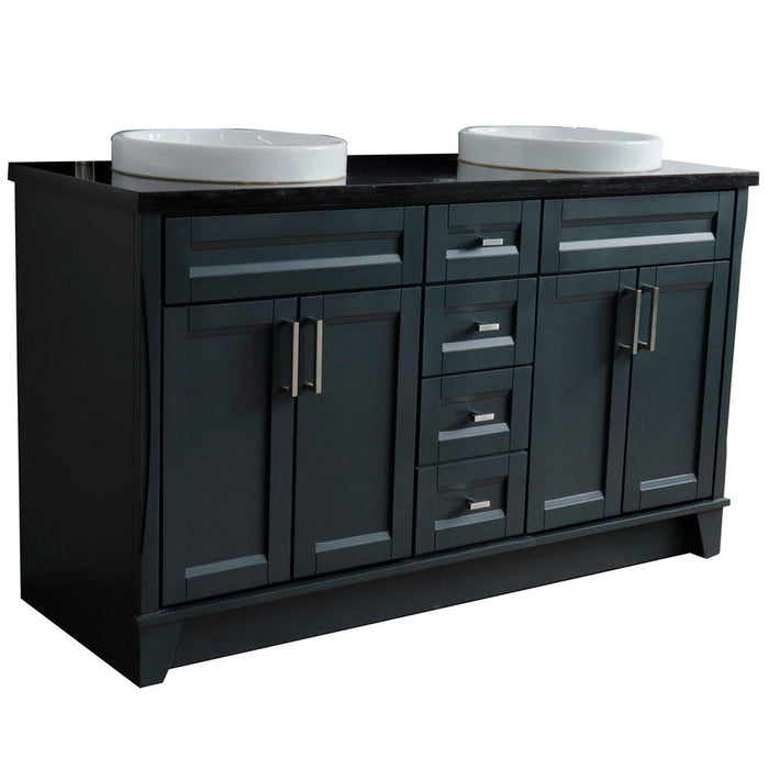 Bellaterra Home Terni 61" 4-Door 3-Drawer Dark Gray Freestanding Vanity Set With Ceramic Double Vessel Sink And Black Galaxy Granite Top - Luxe Vanity & Tub