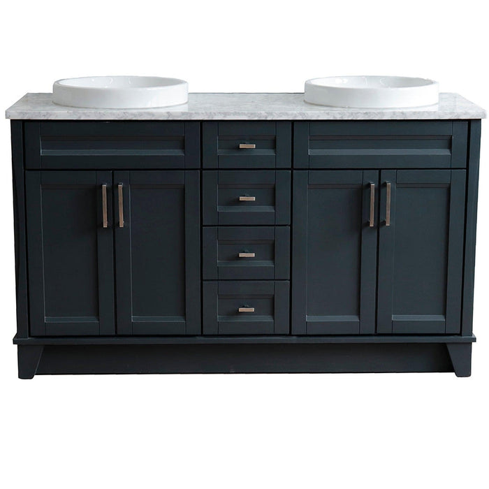 Bellaterra Home Terni 61" 4-Door 3-Drawer Dark Gray Freestanding Vanity Set With Ceramic Double Vessel Sink And White Carrara Marble Top - Luxe Vanity & Tub