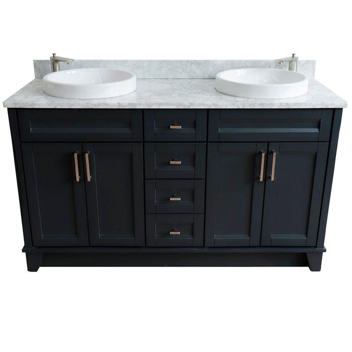 Bellaterra Home Terni 61" 4-Door 3-Drawer Dark Gray Freestanding Vanity Set With Ceramic Double Vessel Sink And White Carrara Marble Top - Luxe Vanity & Tub