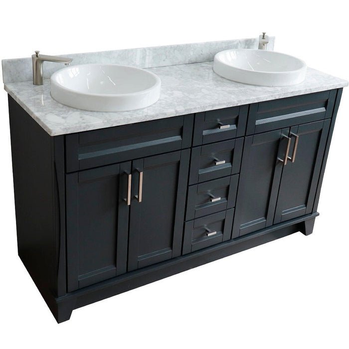 Bellaterra Home Terni 61" 4-Door 3-Drawer Dark Gray Freestanding Vanity Set With Ceramic Double Vessel Sink And White Carrara Marble Top - Luxe Vanity & Tub