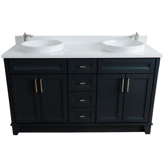 Bellaterra Home Terni 61" 4-Door 3-Drawer Dark Gray Freestanding Vanity Set With Ceramic Double Vessel Sink And White Quartz Top - Luxe Vanity & Tub