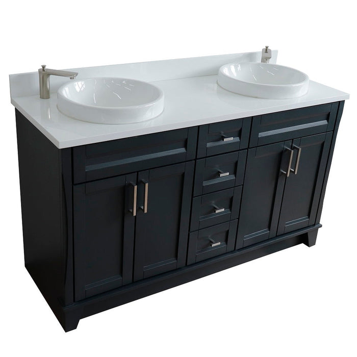 Bellaterra Home Terni 61" 4-Door 3-Drawer Dark Gray Freestanding Vanity Set With Ceramic Double Vessel Sink And White Quartz Top - Luxe Vanity & Tub