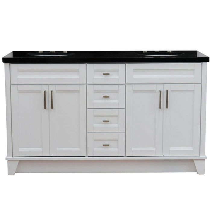 Bellaterra Home Terni 61" 4-Door 3-Drawer White Freestanding Vanity Set With Ceramic Double Undermount Oval Sink And Black Galaxy Granite Top - Luxe Vanity & Tub