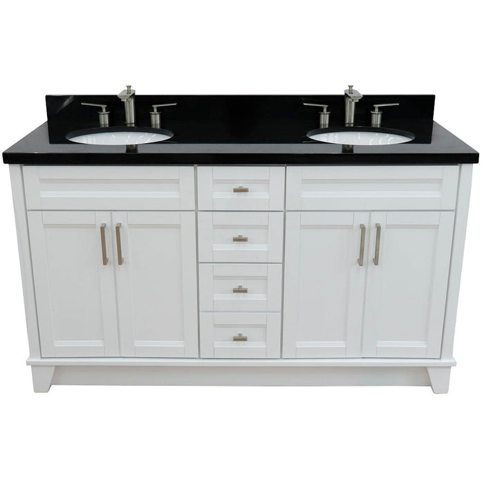 Bellaterra Home Terni 61" 4-Door 3-Drawer White Freestanding Vanity Set With Ceramic Double Undermount Oval Sink And Black Galaxy Granite Top - Luxe Vanity & Tub