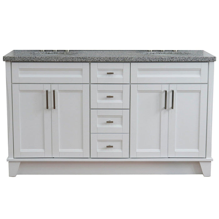 Bellaterra Home Terni 61" 4-Door 3-Drawer White Freestanding Vanity Set With Ceramic Double Undermount Oval Sink And Gray Granite Top - Luxe Vanity & Tub