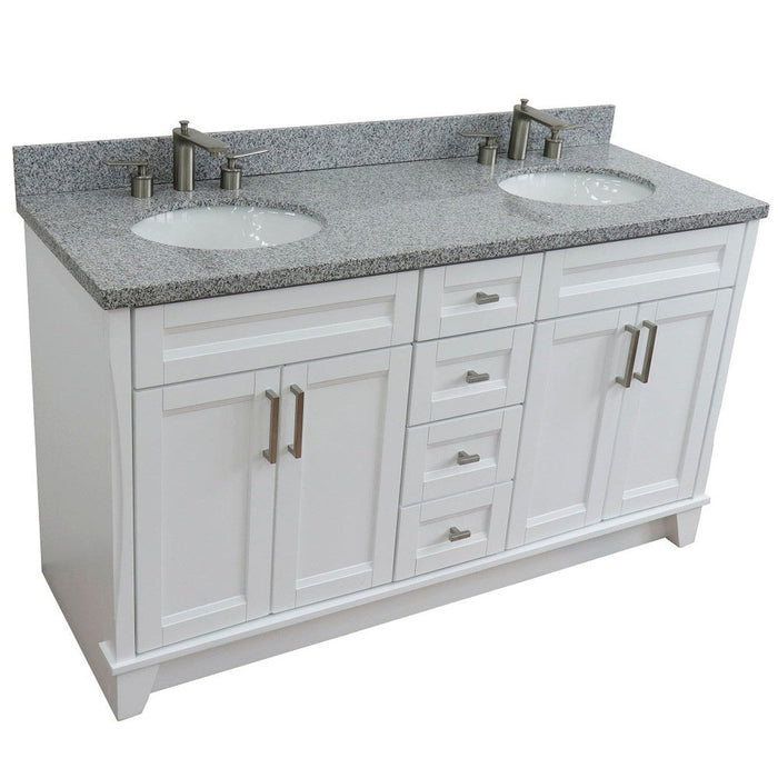 Bellaterra Home Terni 61" 4-Door 3-Drawer White Freestanding Vanity Set With Ceramic Double Undermount Oval Sink And Gray Granite Top - Luxe Vanity & Tub