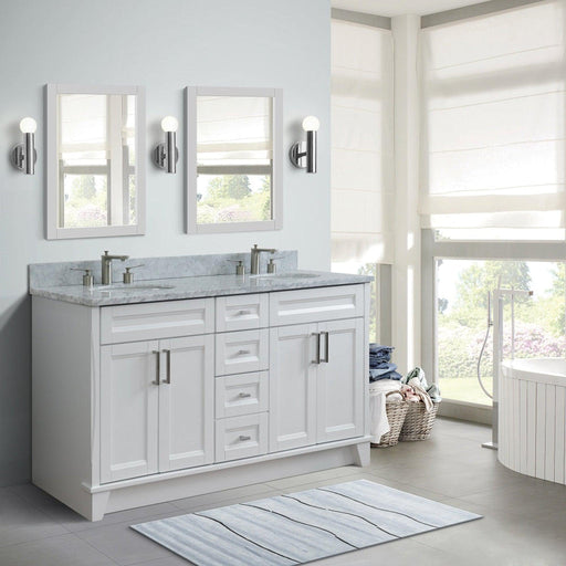 Bellaterra Home Terni 61" 4-Door 3-Drawer White Freestanding Vanity Set With Ceramic Double Undermount Oval Sink And White Carrara Marble Top