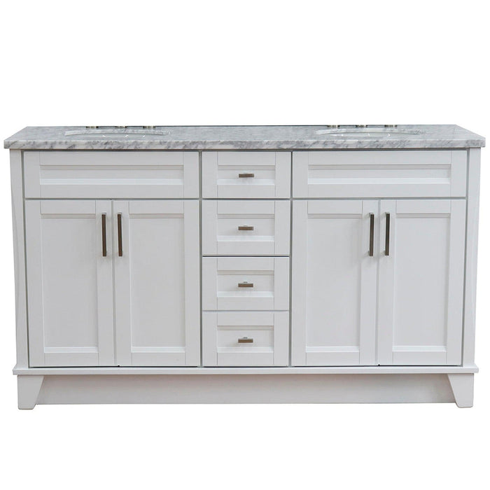 Bellaterra Home Terni 61" 4-Door 3-Drawer White Freestanding Vanity Set With Ceramic Double Undermount Oval Sink And White Carrara Marble Top - Luxe Vanity & Tub