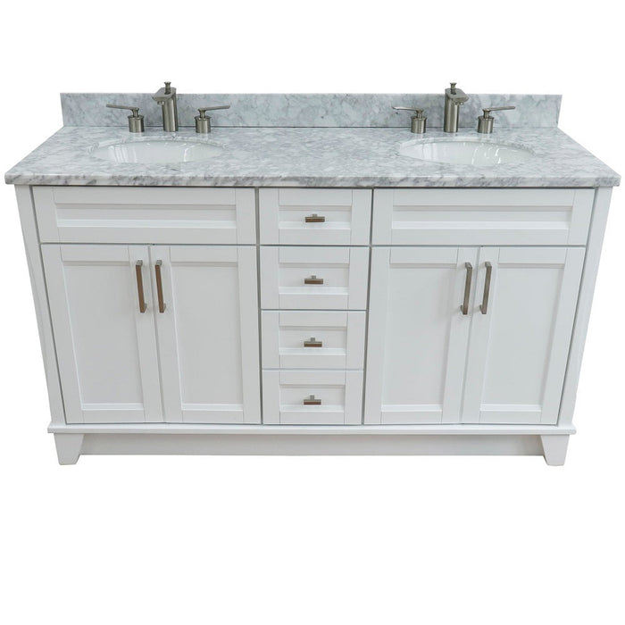 Bellaterra Home Terni 61" 4-Door 3-Drawer White Freestanding Vanity Set With Ceramic Double Undermount Oval Sink And White Carrara Marble Top - Luxe Vanity & Tub