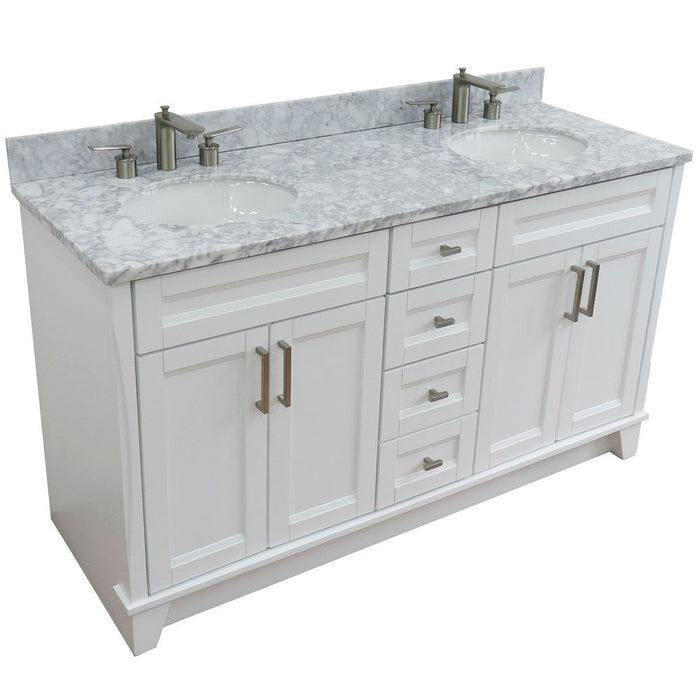 Bellaterra Home Terni 61" 4-Door 3-Drawer White Freestanding Vanity Set With Ceramic Double Undermount Oval Sink And White Carrara Marble Top - Luxe Vanity & Tub