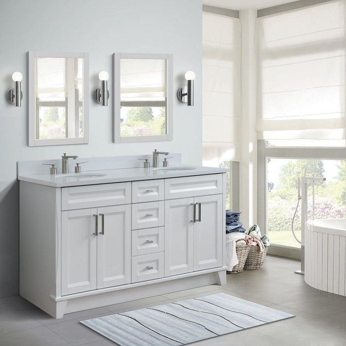 Bellaterra Home Terni 61" 4-Door 3-Drawer White Freestanding Vanity Set With Ceramic Double Undermount Oval Sink And White Quartz Top