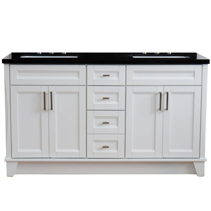 Bellaterra Home Terni 61" 4-Door 3-Drawer White Freestanding Vanity Set With Ceramic Double Undermount Rectangular Sink And Black Galaxy Granite Top - Luxe Vanity & Tub