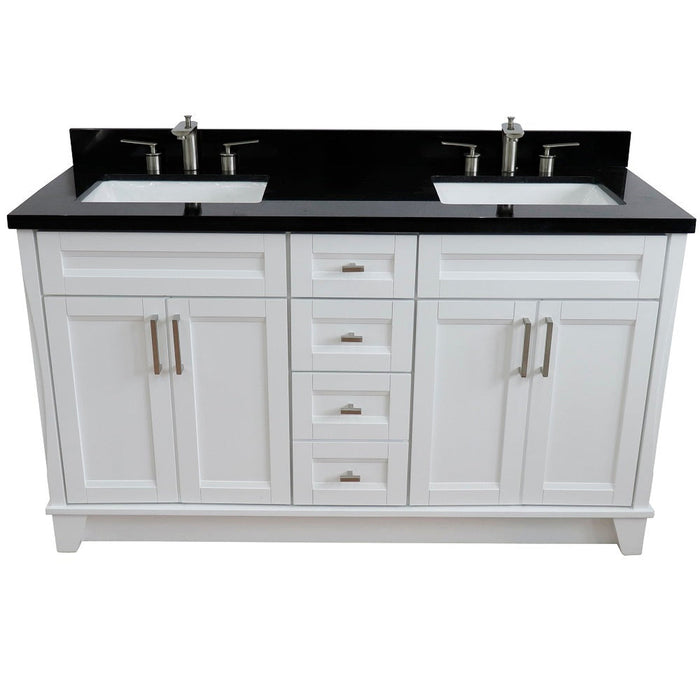 Bellaterra Home Terni 61" 4-Door 3-Drawer White Freestanding Vanity Set With Ceramic Double Undermount Rectangular Sink And Black Galaxy Granite Top - Luxe Vanity & Tub