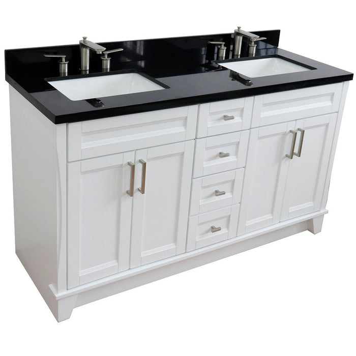 Bellaterra Home Terni 61" 4-Door 3-Drawer White Freestanding Vanity Set With Ceramic Double Undermount Rectangular Sink And Black Galaxy Granite Top - Luxe Vanity & Tub