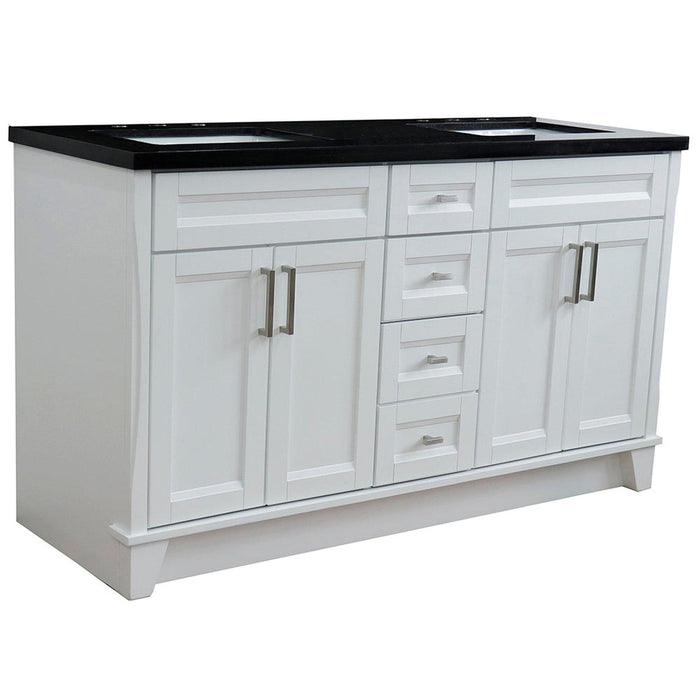 Bellaterra Home Terni 61" 4-Door 3-Drawer White Freestanding Vanity Set With Ceramic Double Undermount Rectangular Sink And Black Galaxy Granite Top - Luxe Vanity & Tub