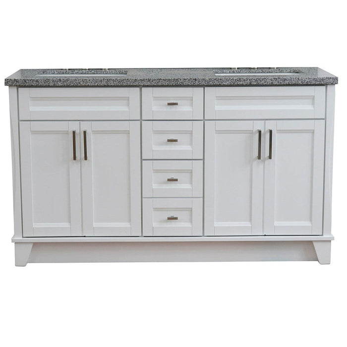 Bellaterra Home Terni 61" 4-Door 3-Drawer White Freestanding Vanity Set With Ceramic Double Undermount Rectangular Sink And Gray Granite Top - Luxe Vanity & Tub