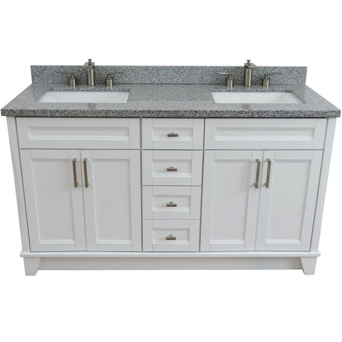 Bellaterra Home Terni 61" 4-Door 3-Drawer White Freestanding Vanity Set With Ceramic Double Undermount Rectangular Sink And Gray Granite Top - Luxe Vanity & Tub