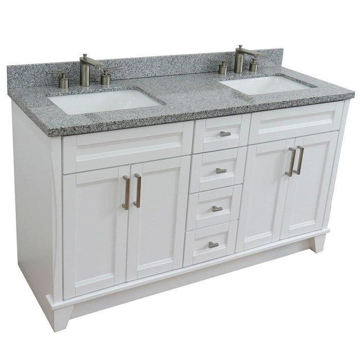 Bellaterra Home Terni 61" 4-Door 3-Drawer White Freestanding Vanity Set With Ceramic Double Undermount Rectangular Sink And Gray Granite Top - Luxe Vanity & Tub