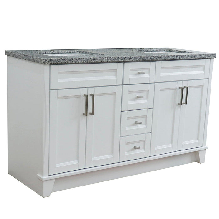 Bellaterra Home Terni 61" 4-Door 3-Drawer White Freestanding Vanity Set With Ceramic Double Undermount Rectangular Sink And Gray Granite Top - Luxe Vanity & Tub