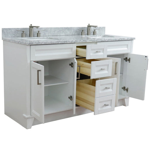 Bellaterra Home Terni 61" 4-Door 3-Drawer White Freestanding Vanity Set With Ceramic Double Undermount Rectangular Sink And White Carrara Marble Top - Luxe Vanity & Tub