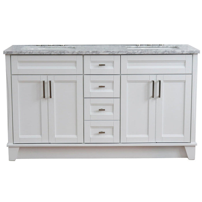 Bellaterra Home Terni 61" 4-Door 3-Drawer White Freestanding Vanity Set With Ceramic Double Undermount Rectangular Sink And White Carrara Marble Top - Luxe Vanity & Tub