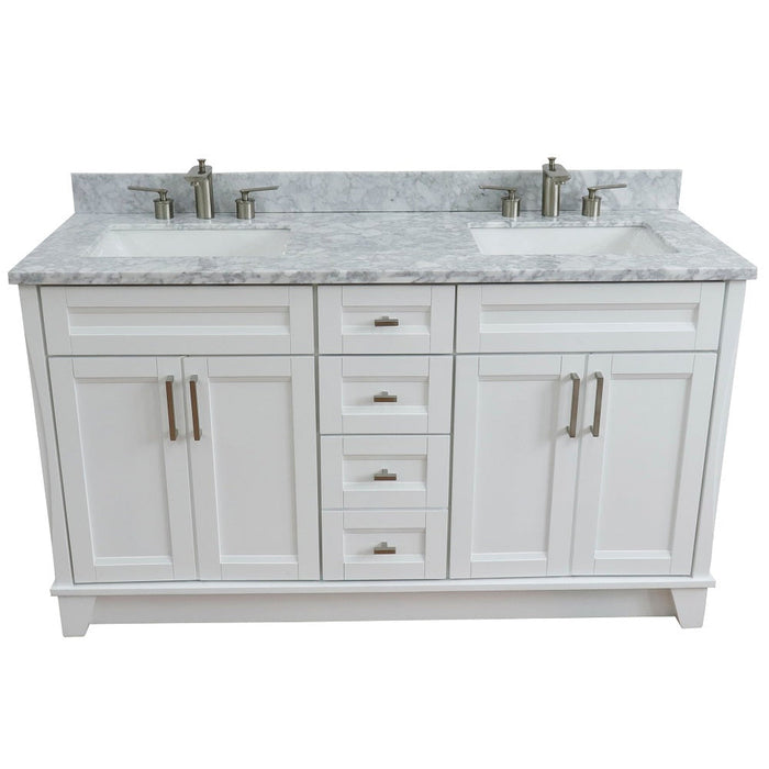 Bellaterra Home Terni 61" 4-Door 3-Drawer White Freestanding Vanity Set With Ceramic Double Undermount Rectangular Sink And White Carrara Marble Top - Luxe Vanity & Tub