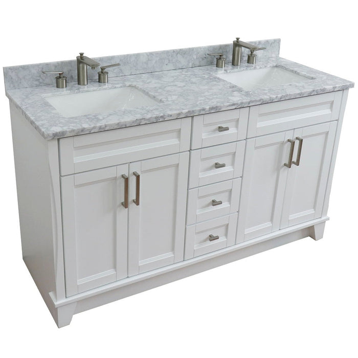 Bellaterra Home Terni 61" 4-Door 3-Drawer White Freestanding Vanity Set With Ceramic Double Undermount Rectangular Sink And White Carrara Marble Top - Luxe Vanity & Tub