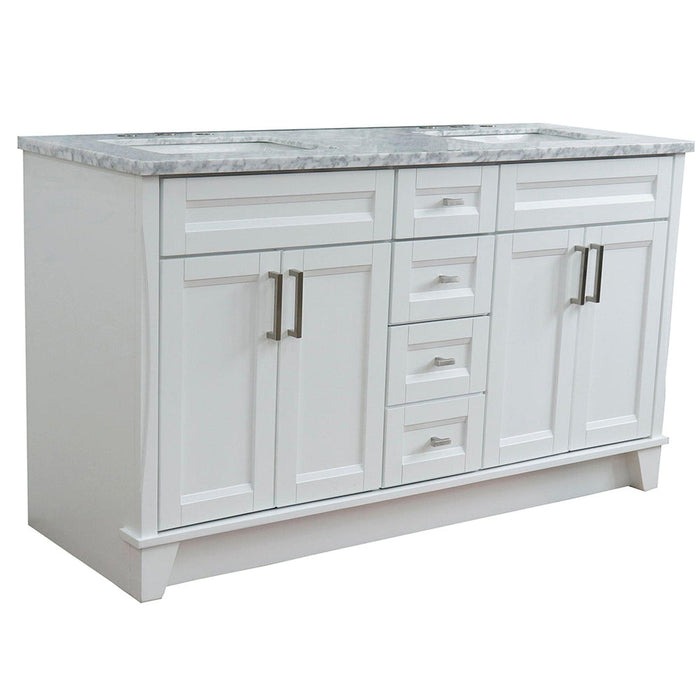 Bellaterra Home Terni 61" 4-Door 3-Drawer White Freestanding Vanity Set With Ceramic Double Undermount Rectangular Sink And White Carrara Marble Top - Luxe Vanity & Tub