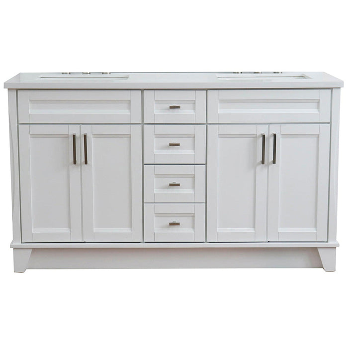 Bellaterra Home Terni 61" 4-Door 3-Drawer White Freestanding Vanity Set With Ceramic Double Undermount Rectangular Sink And White Quartz Top - Luxe Vanity & Tub