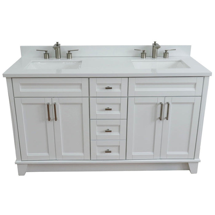 Bellaterra Home Terni 61" 4-Door 3-Drawer White Freestanding Vanity Set With Ceramic Double Undermount Rectangular Sink And White Quartz Top - Luxe Vanity & Tub