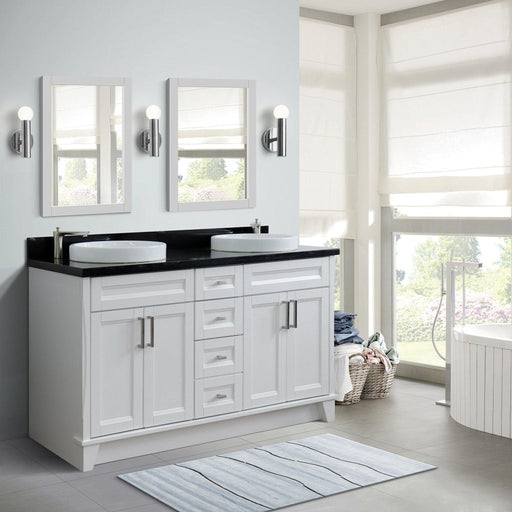 Bellaterra Home Terni 61" 4-Door 3-Drawer White Freestanding Vanity Set With Ceramic Double Vessel Sink And Black Galaxy Granite Top