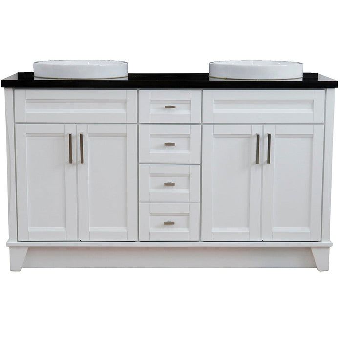 Bellaterra Home Terni 61" 4-Door 3-Drawer White Freestanding Vanity Set With Ceramic Double Vessel Sink And Black Galaxy Granite Top - Luxe Vanity & Tub