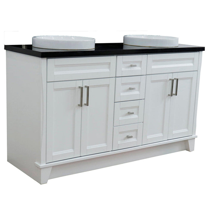 Bellaterra Home Terni 61" 4-Door 3-Drawer White Freestanding Vanity Set With Ceramic Double Vessel Sink And Black Galaxy Granite Top - Luxe Vanity & Tub