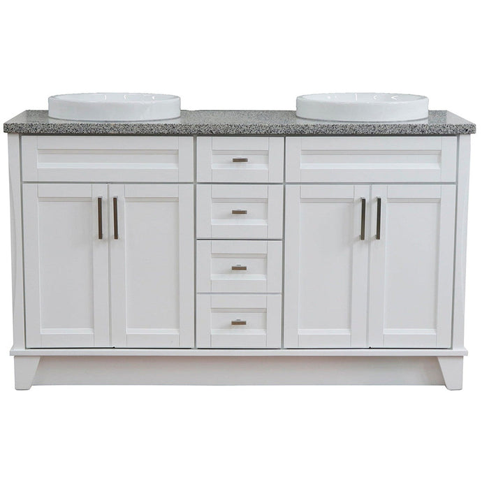 Bellaterra Home Terni 61" 4-Door 3-Drawer White Freestanding Vanity Set With Ceramic Double Vessel Sink And Gray Granite Top - Luxe Vanity & Tub