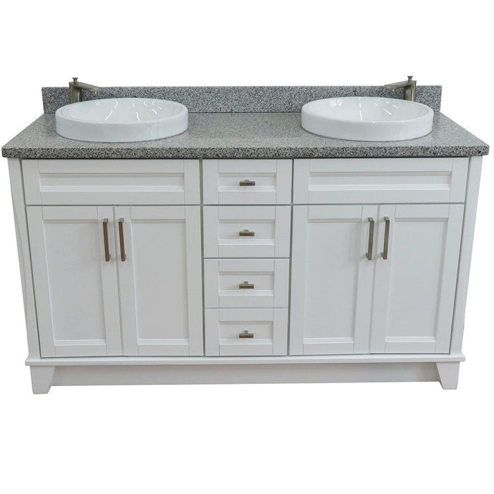 Bellaterra Home Terni 61" 4-Door 3-Drawer White Freestanding Vanity Set With Ceramic Double Vessel Sink And Gray Granite Top - Luxe Vanity & Tub