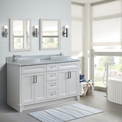 Bellaterra Home Terni 61" 4-Door 3-Drawer White Freestanding Vanity Set With Ceramic Double Vessel Sink And White Carrara Marble Top