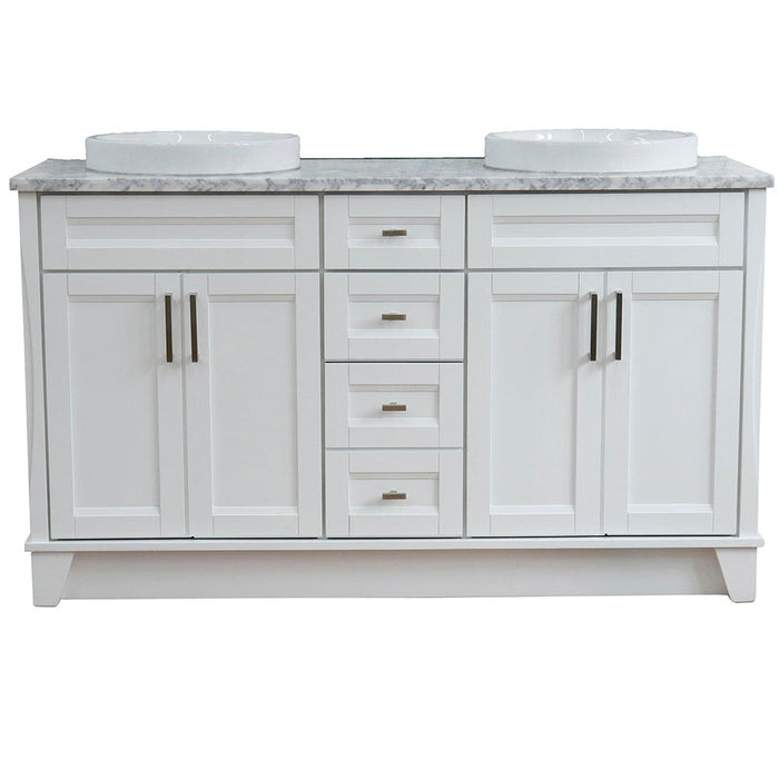 Bellaterra Home Terni 61" 4-Door 3-Drawer White Freestanding Vanity Set With Ceramic Double Vessel Sink And White Carrara Marble Top - Luxe Vanity & Tub